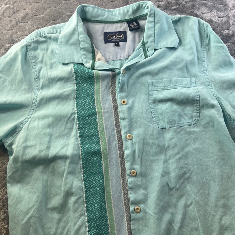 Nat Nast Button Down Shirt Mens L Seafoam Green Silk Cotton Panel Bowling Short